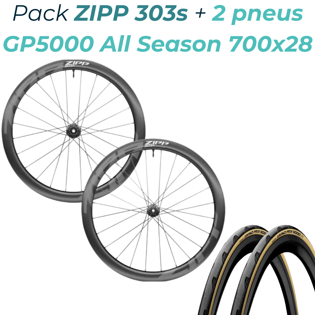 PACK PAIRE DE ROUES ZIPP 303 S DISQUE CENTERLOCK TUBELESS + 2 PNEUS CONTINENTAL GP 5000 ALL SEASON 700X28 CREME