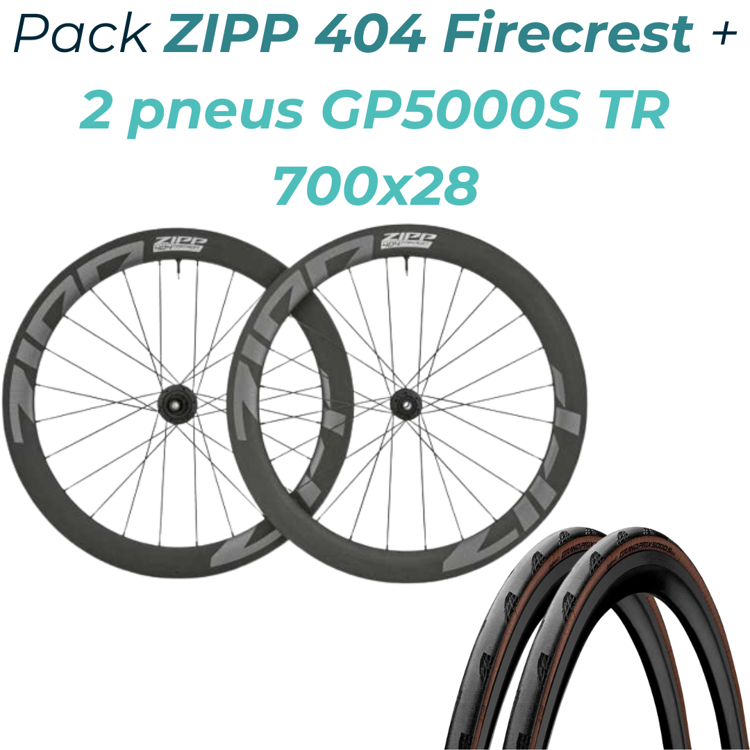 PACK PAIRE DE ROUES ZIPP 404 FIRECREST TBL DISC + 2 PNEUS CONTINENTAL GP 5000S TR MARRONS